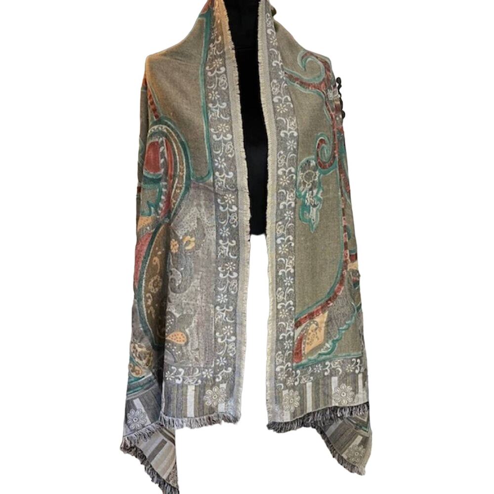 NEW XIIX NY Hand Painted Reversible Paisley Jacquard Wrap Taupe & Bright Colors